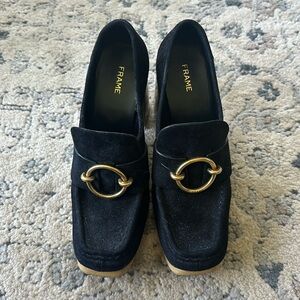 Frame Le Benedict Loafers Black Suede Block Heel Women's Size 38.5 EU/ 8 US EUC